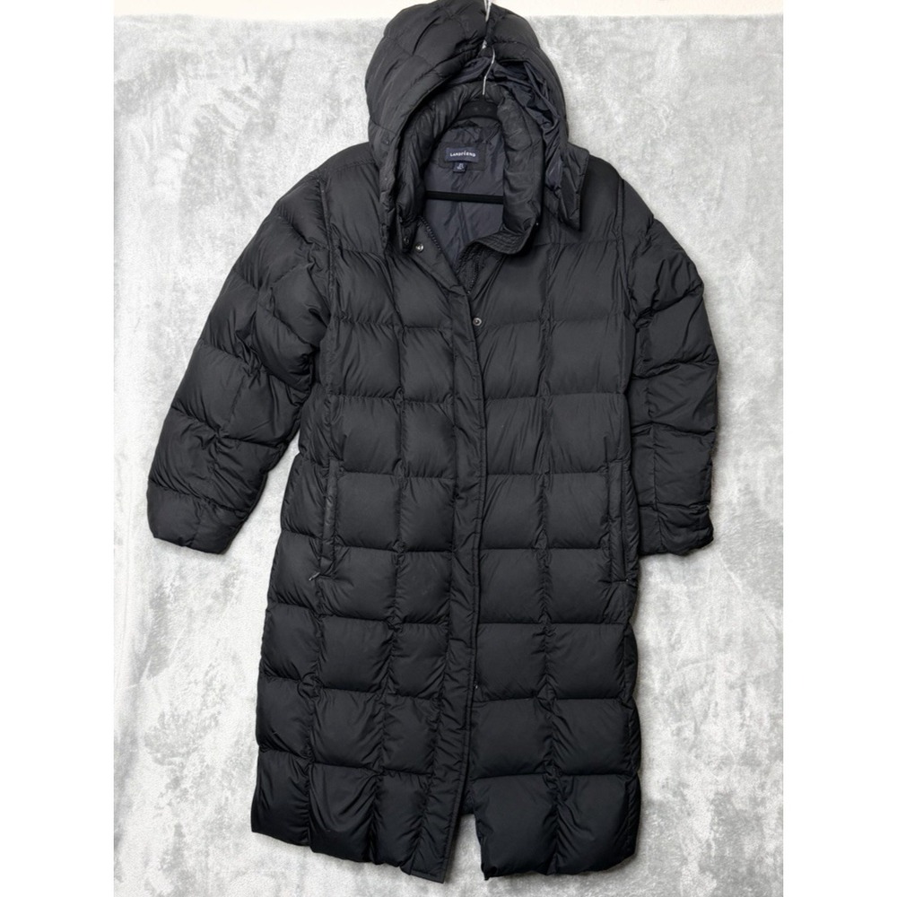 Lands End Down Puffer Trench Coat Medium‎ 10 12 Black Long Removable Hood Parka